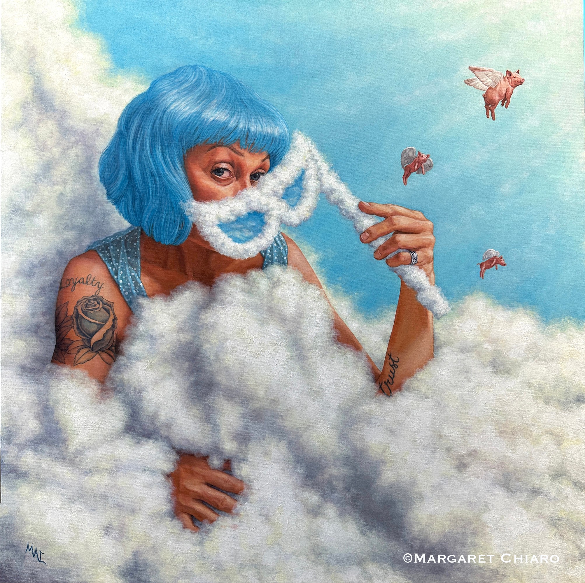 Woman with blue hair holding a cloud-shaped object, surrounded by clouds and flying piglets in a blue sky.