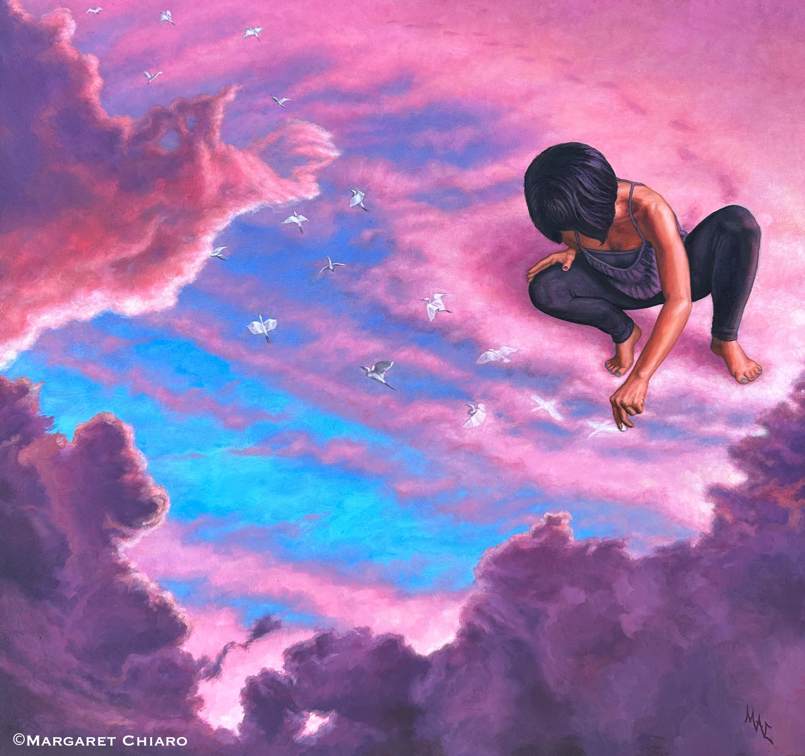 A person crouches on pink and purple clouds with a blue sky, birds flying nearby, in a surreal scene.