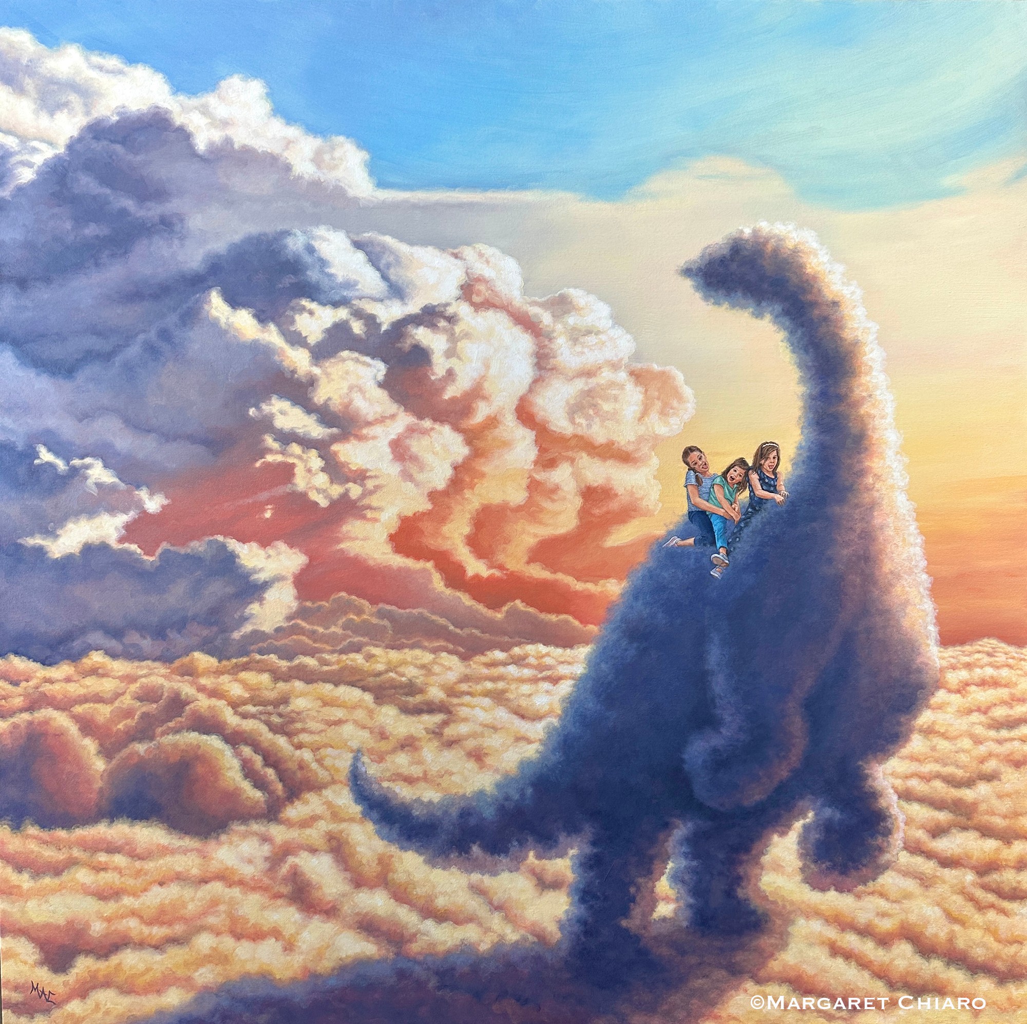 Two children riding a large, fluffy dinosaur-shaped cloud against a colorful sky with clouds and sunlight.
