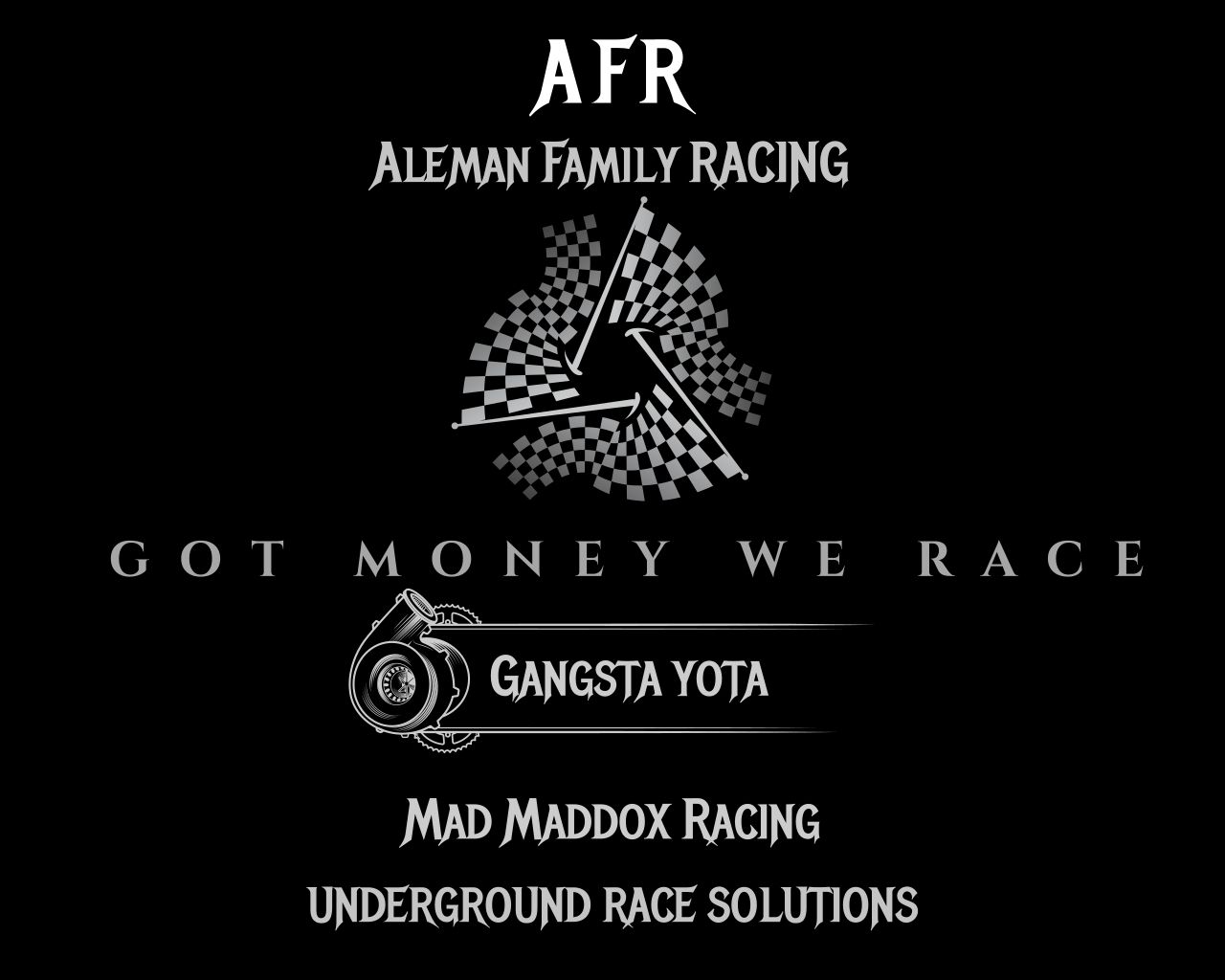 Black background with white text and graphics, including a checkered flag, racing logos, and phrases about racing teams and sponsors.