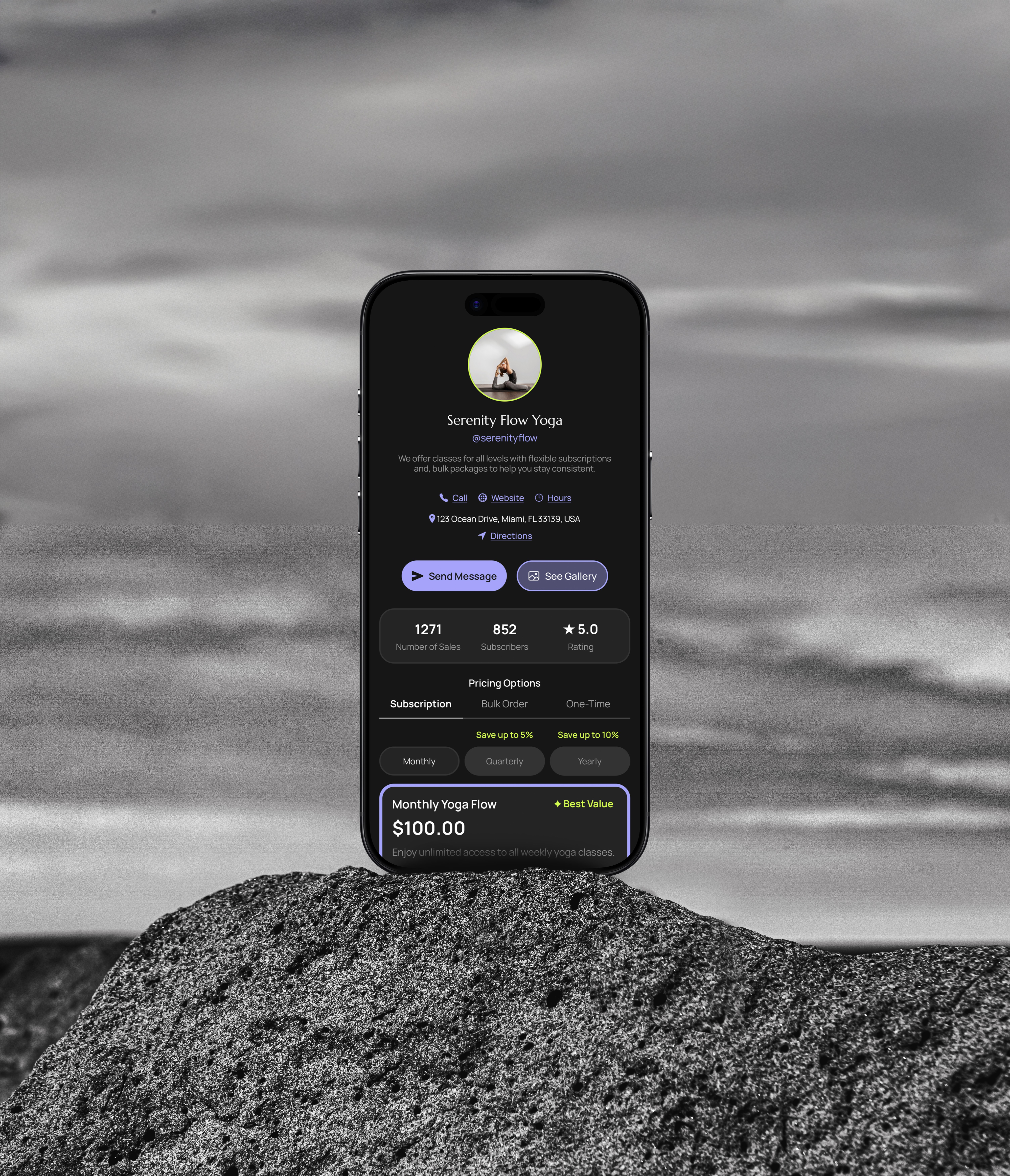 Smartphone displaying a profile page, placed on a rock with a cloudy sky background.