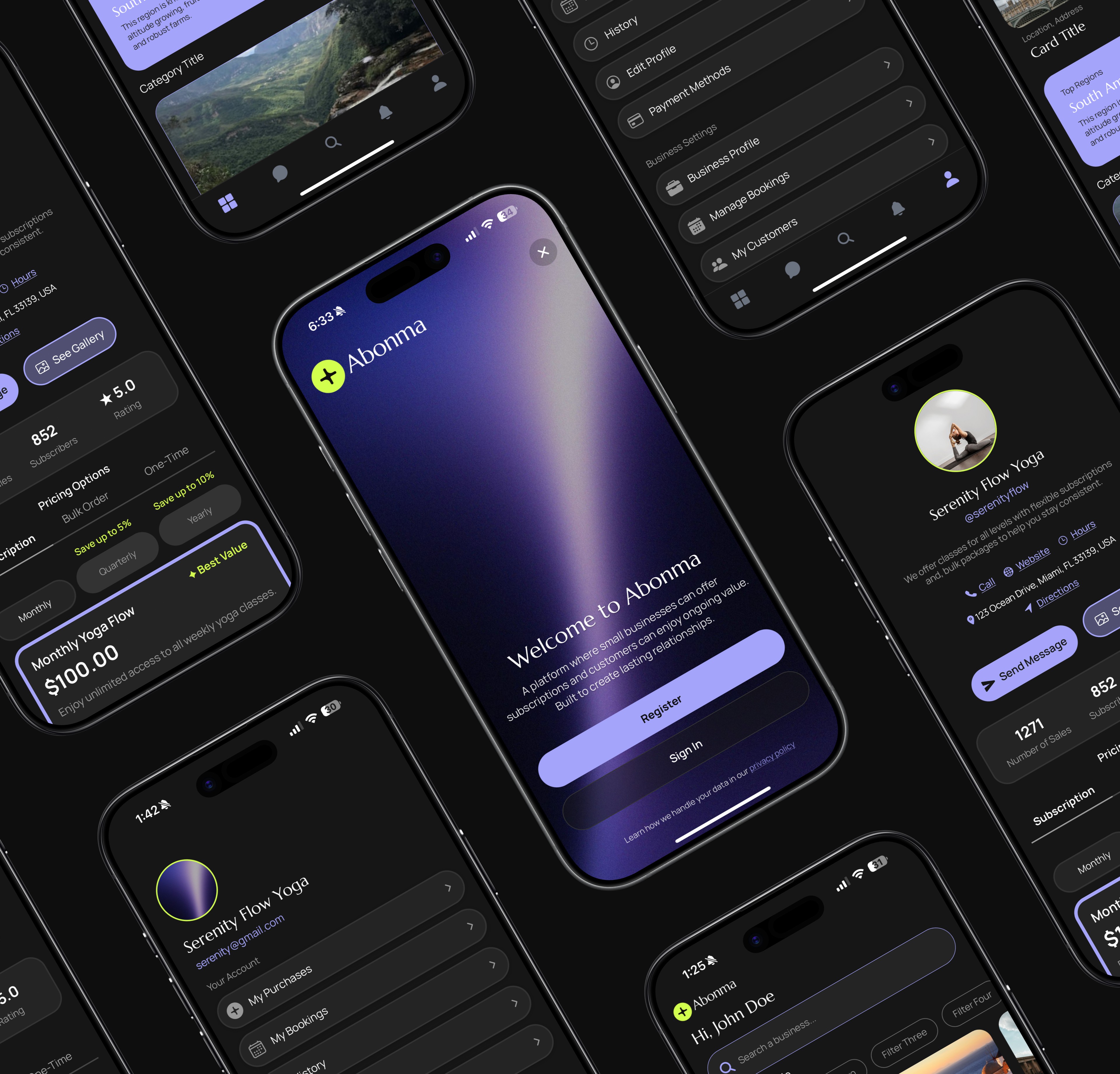 Multiple smartphone screens displaying app interfaces with dark themes and purple accents, centered on a welcome screen for Alabama.