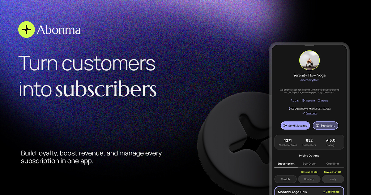 Digital marketing graphic with text about turning customers into subscribers and managing subscriptions, featuring a smartphone screen.