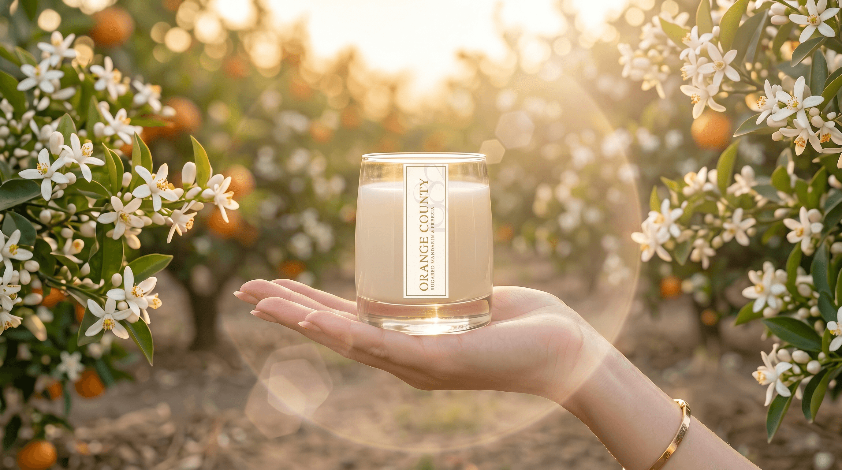 A hand holding a candle in a glass container with a label, surrounded by blooming white flowers and sunlight.