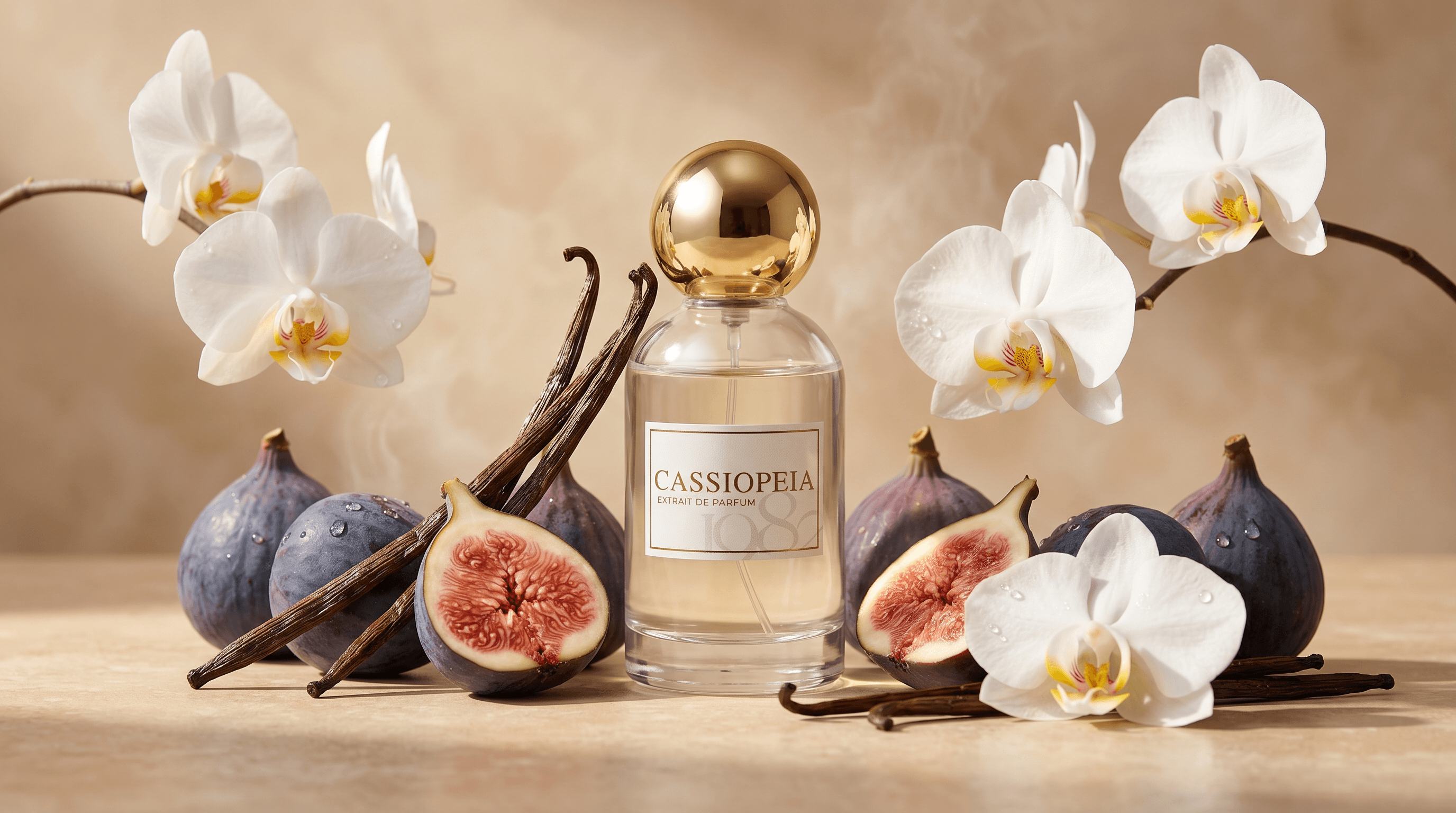 A perfume bottle surrounded by figs, vanilla pods, and white orchids on a wooden surface.