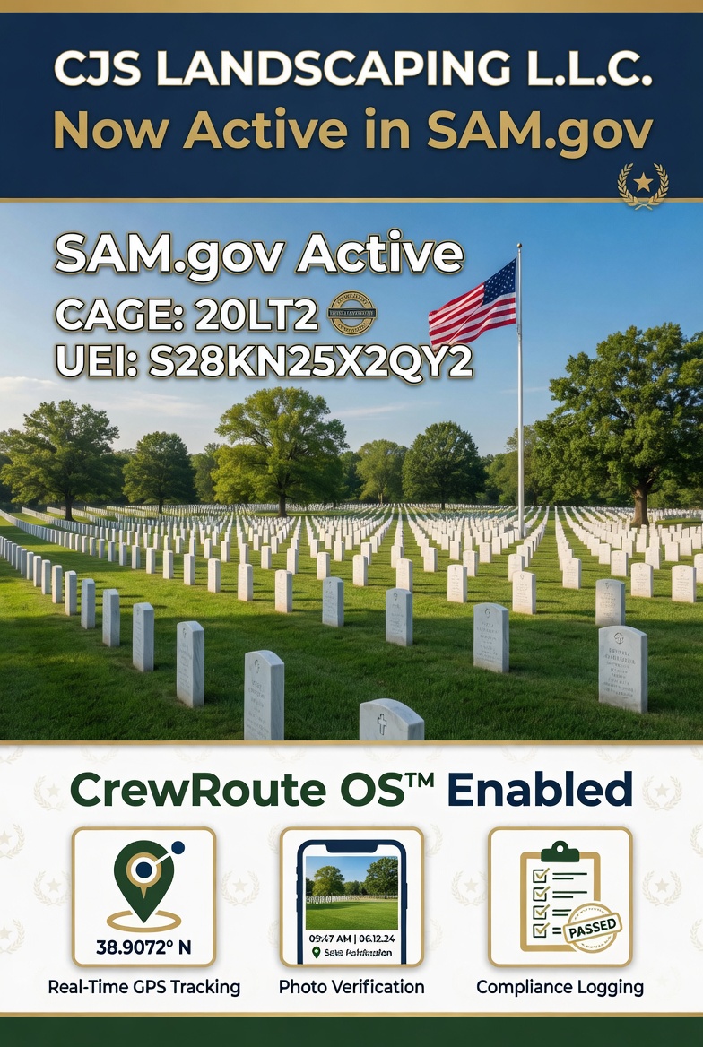 Cemetery with white headstones, American flag, trees, and blue sky, promoting landscaping services and GPS tracking features.
