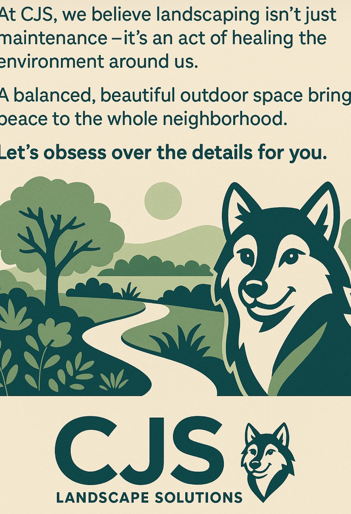 Illustration of a landscape with trees, a winding path, and a smiling dog, promoting landscape solutions.