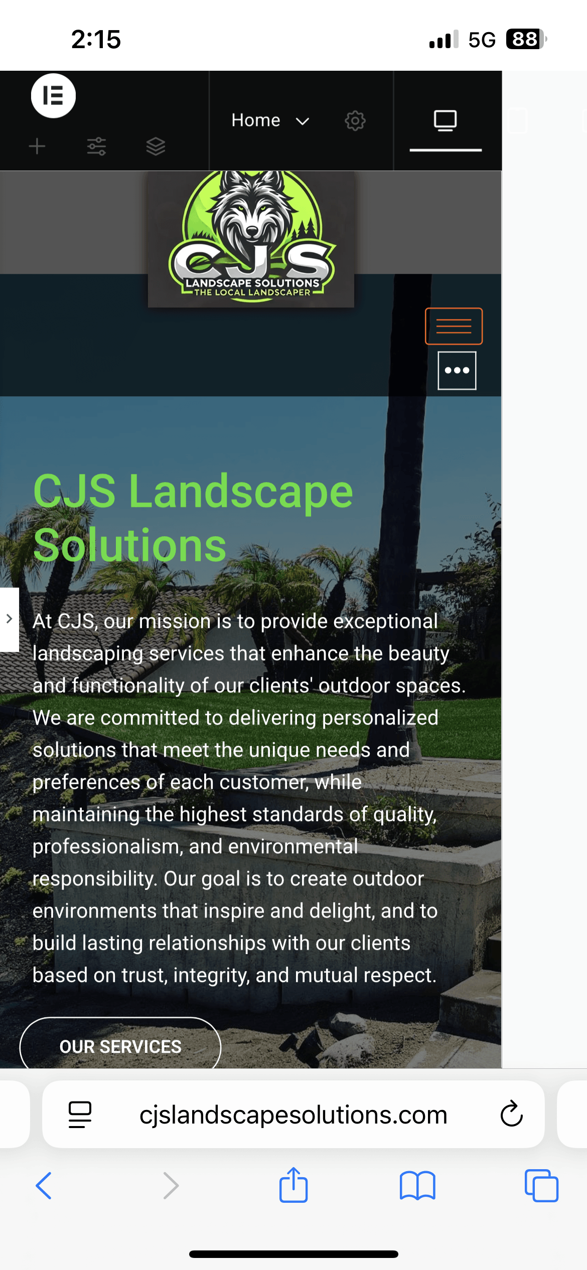Mobile screen displaying CJS Landscape Solutions website with logo, header, and introductory text.