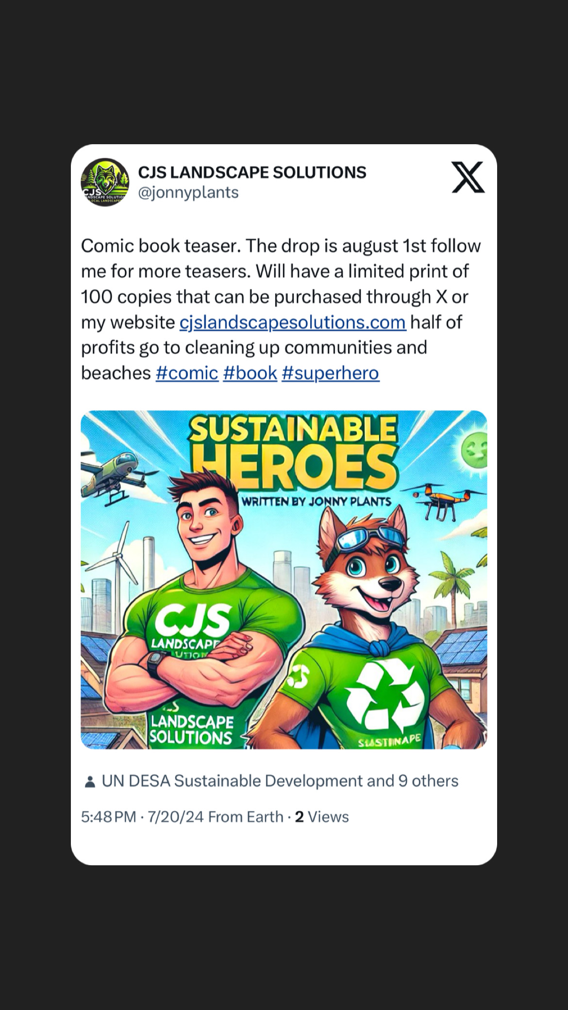 Mobile phone screen displaying a comic book cover with a superhero and a fox character, titled 'Sustainable Heroes,' outdoors with palm trees.