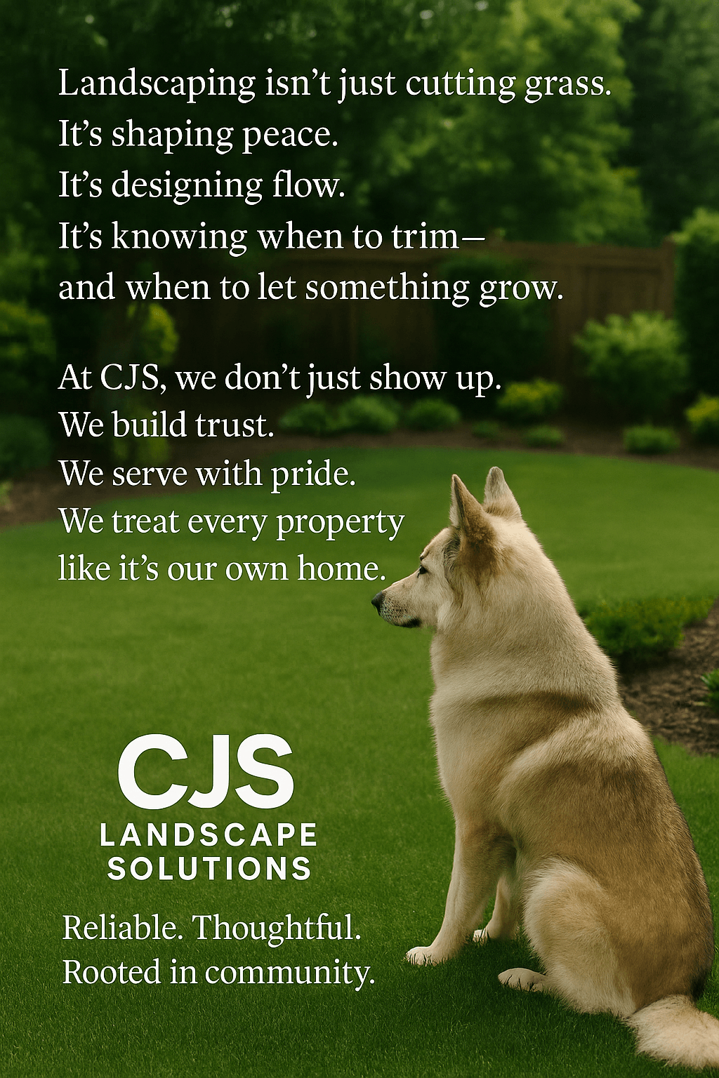 Dog sitting on grass with a landscape background, accompanying a poem about landscaping and community values.