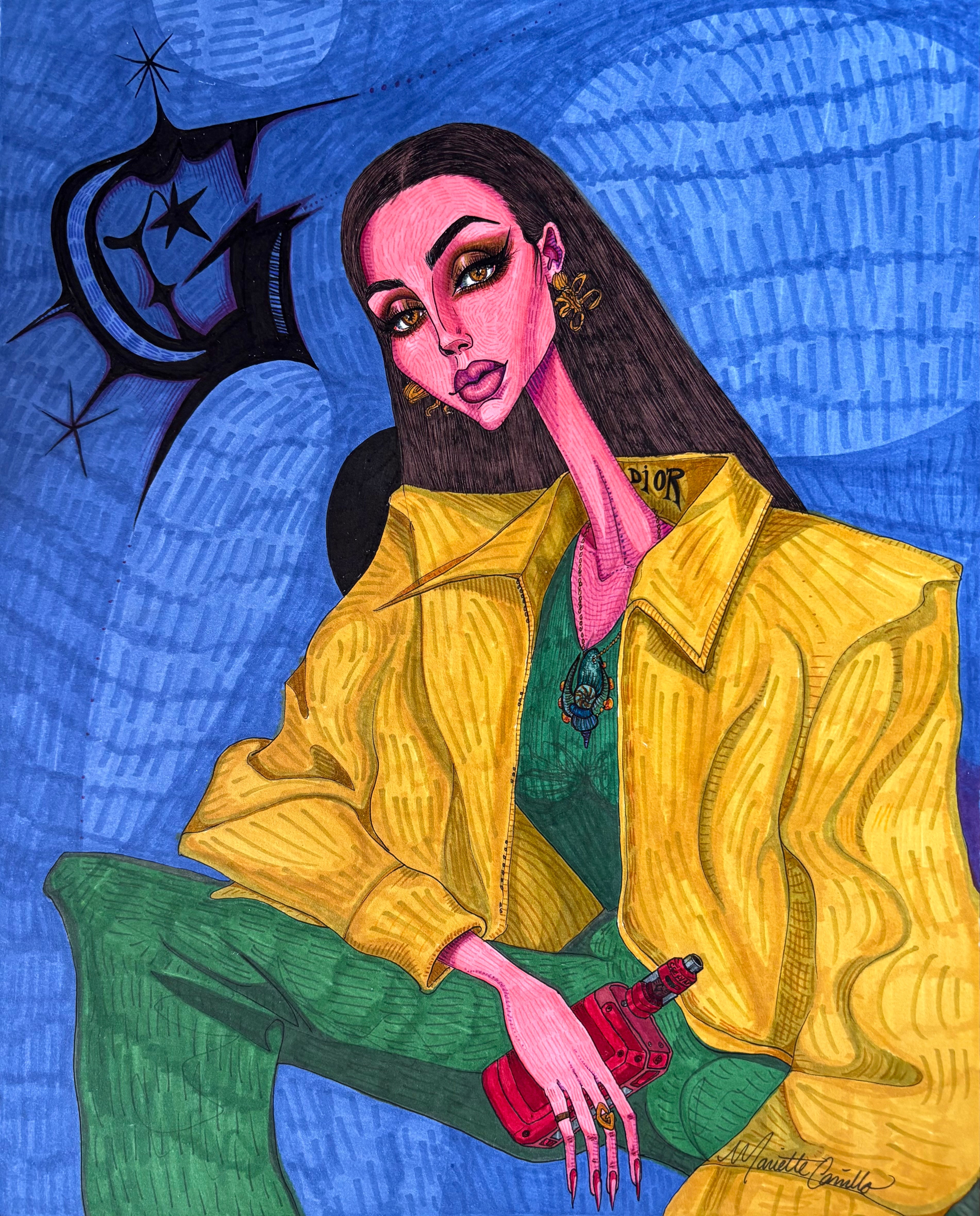 Woman with long dark hair wearing a yellow jacket and green top, holding a red object, against a blue background with a moon and stars.