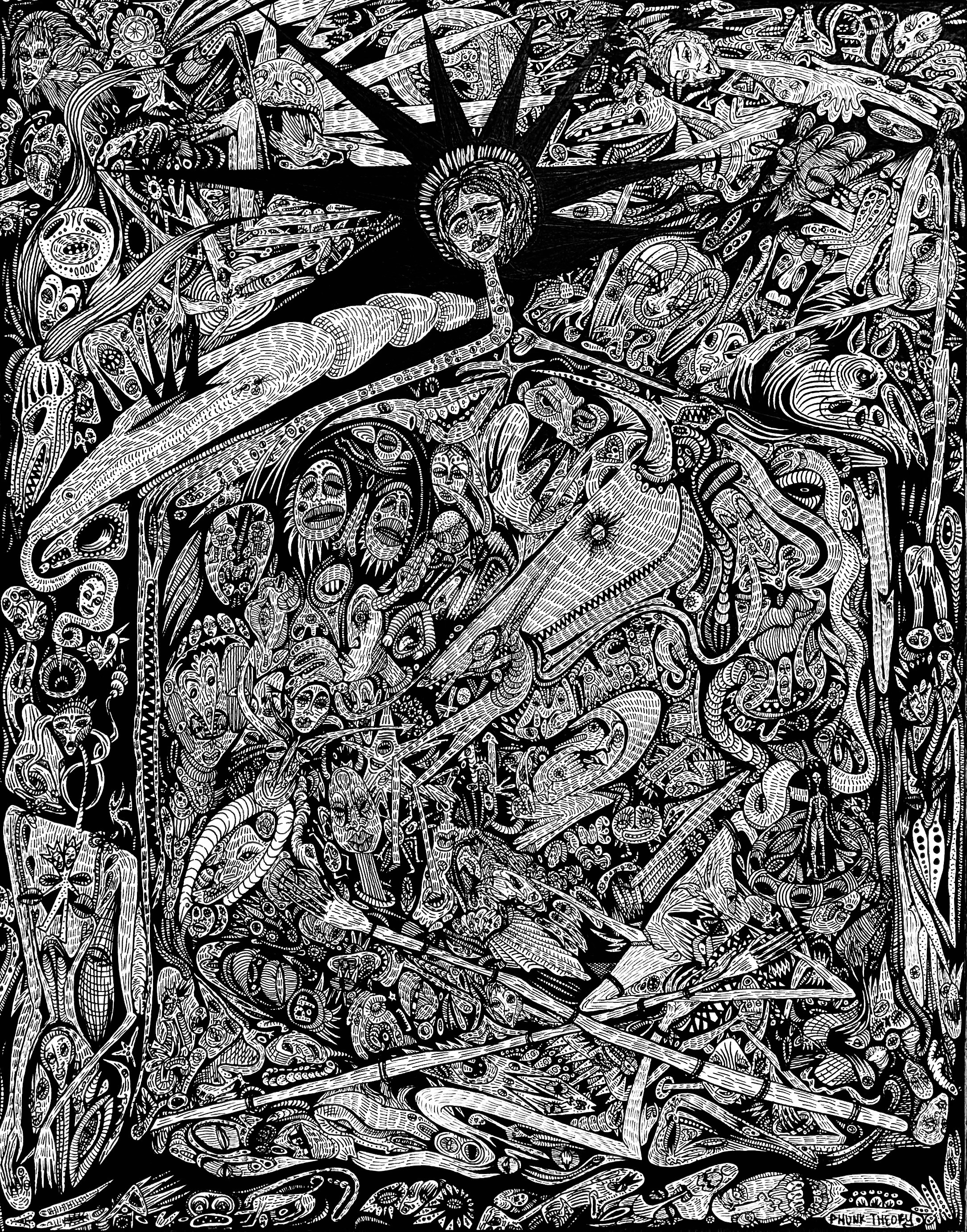Intricate black and white drawing with various figures, animals, and abstract elements densely packed together.