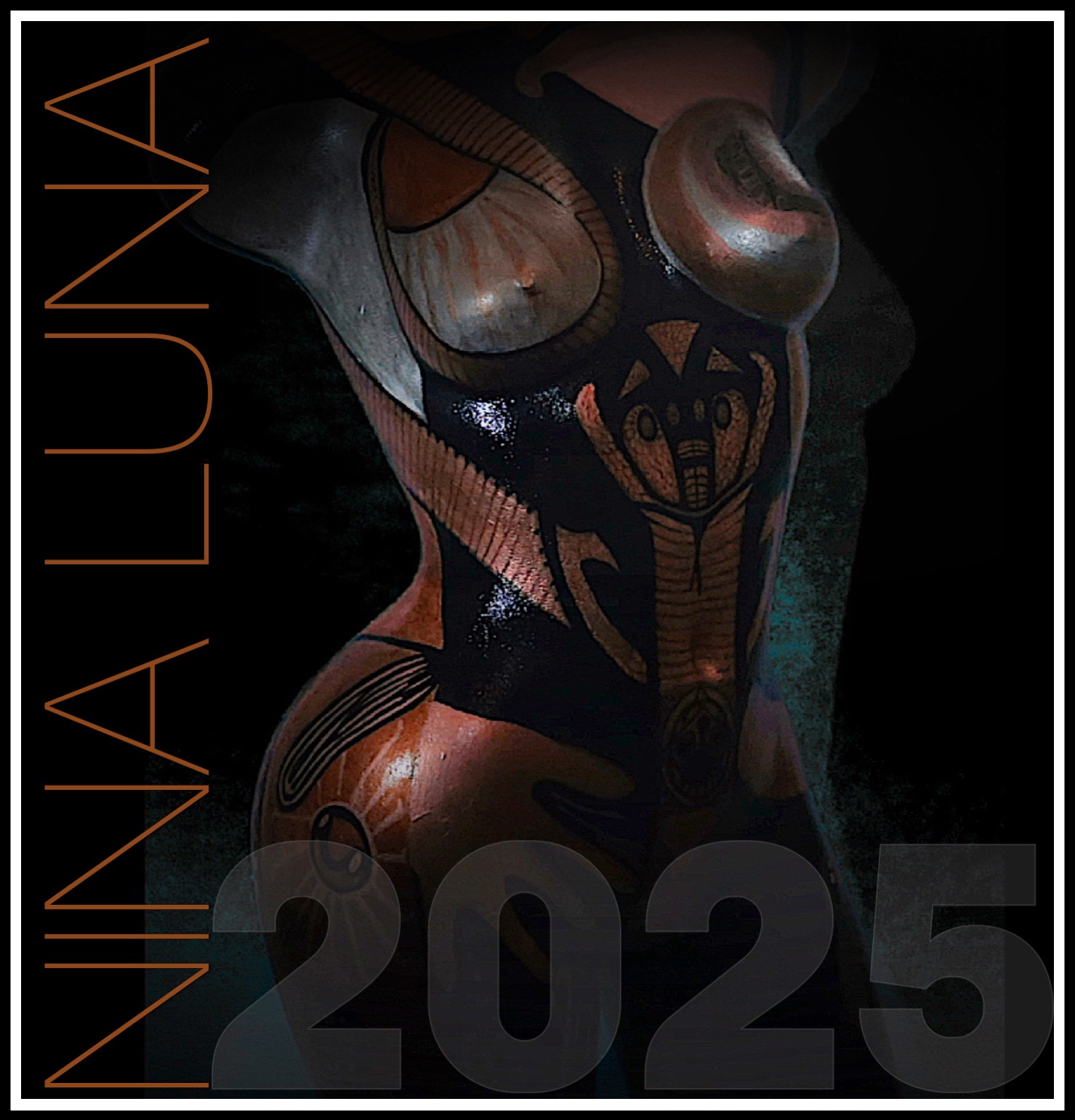 A stylized, abstract sculpture of a human torso with tribal patterns, with text 'NINA LUINA 2025' on the left side.