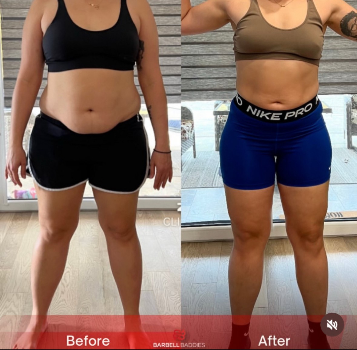 Side-by-side comparison of a woman before and after fitness progress, wearing sports bras and shorts, showing weight loss and muscle tone.