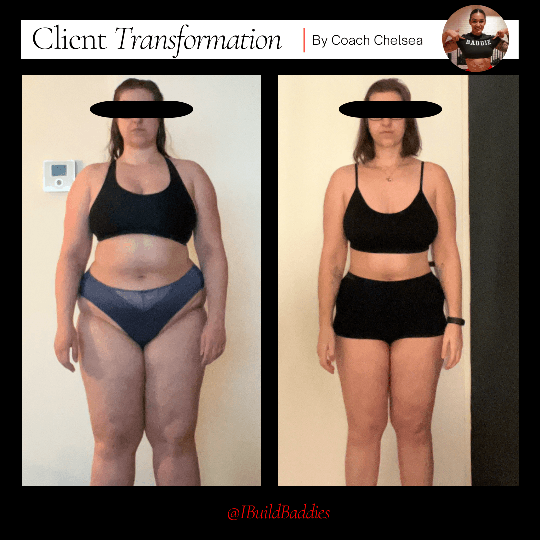 Side-by-side before and after photos of a woman showing weight loss transformation, wearing black sportswear, with black bars over eyes.