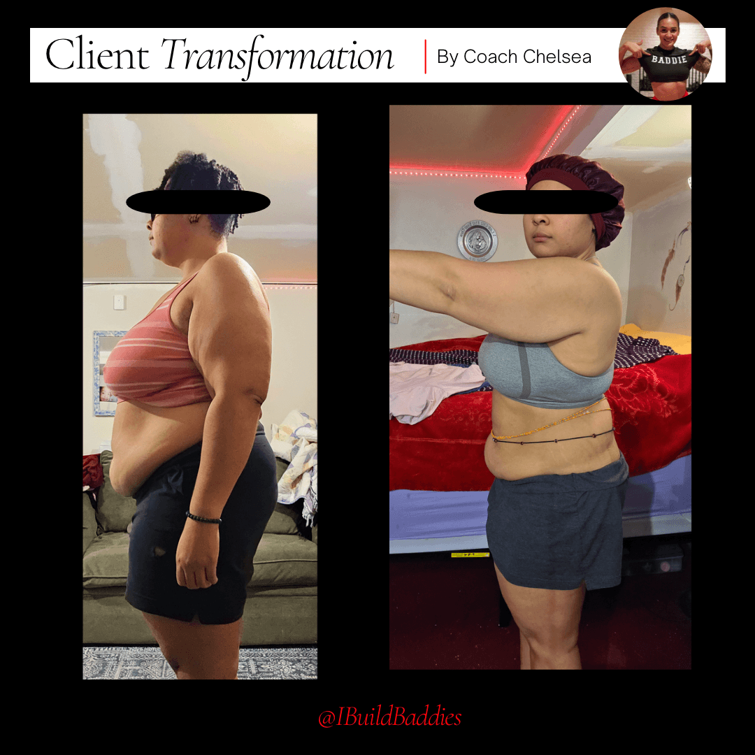 Side-by-side photos of a woman before and after transformation, showing weight loss and body changes, with black bars covering eyes.