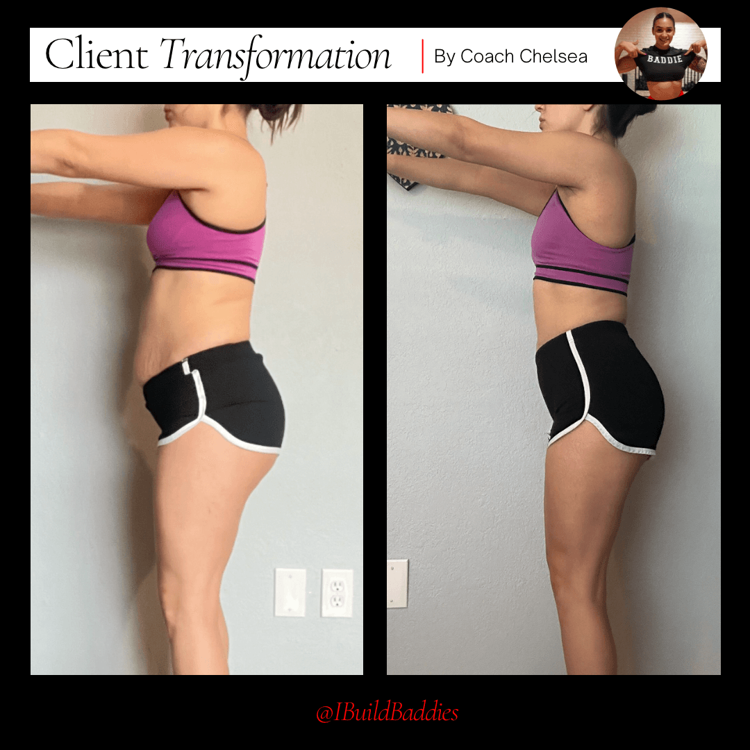 Side-by-side comparison of a woman before and after fitness transformation, wearing a purple sports bra and black shorts, arms extended forward.