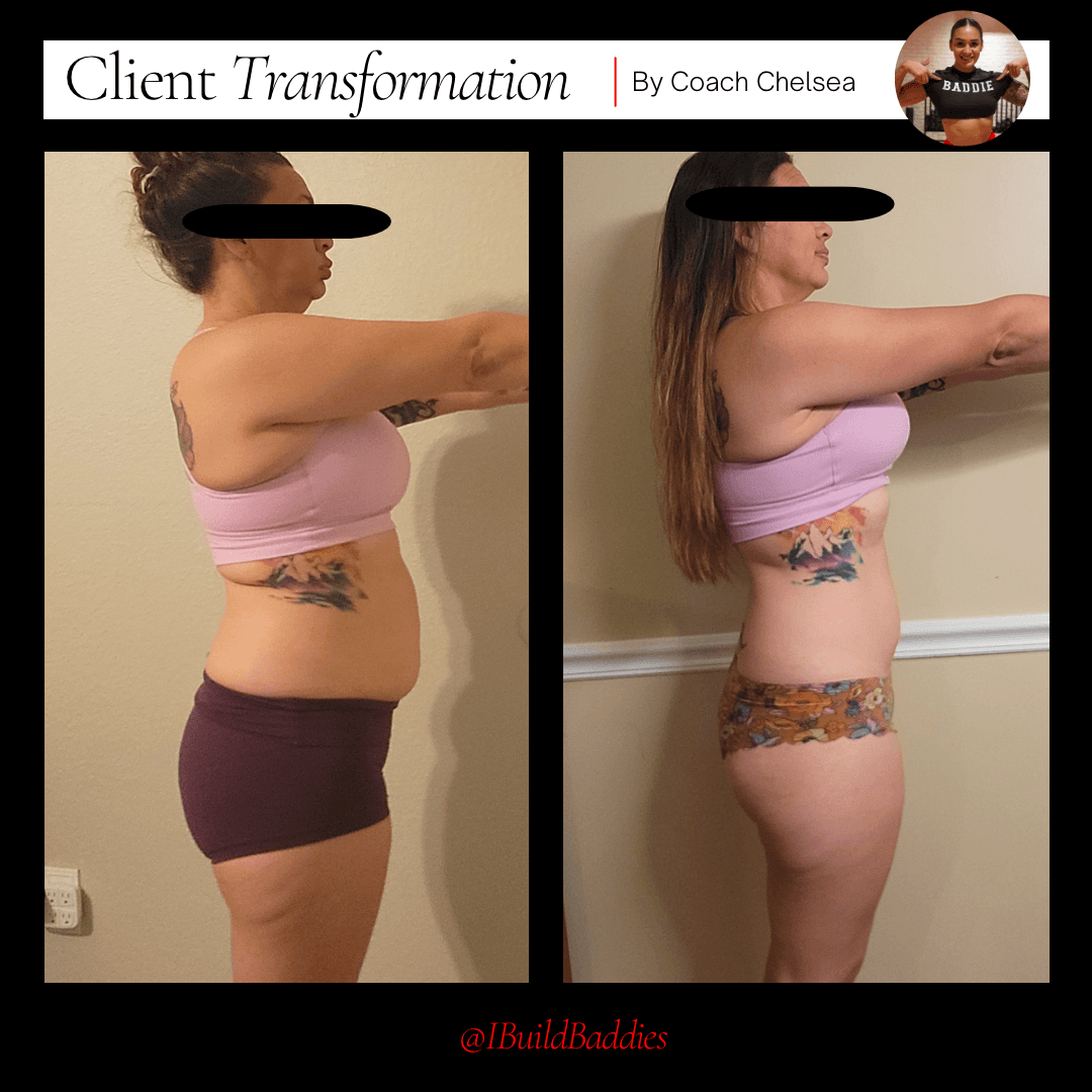 Side-by-side before and after photos of a woman showing body transformation, with black bars over eyes for privacy.