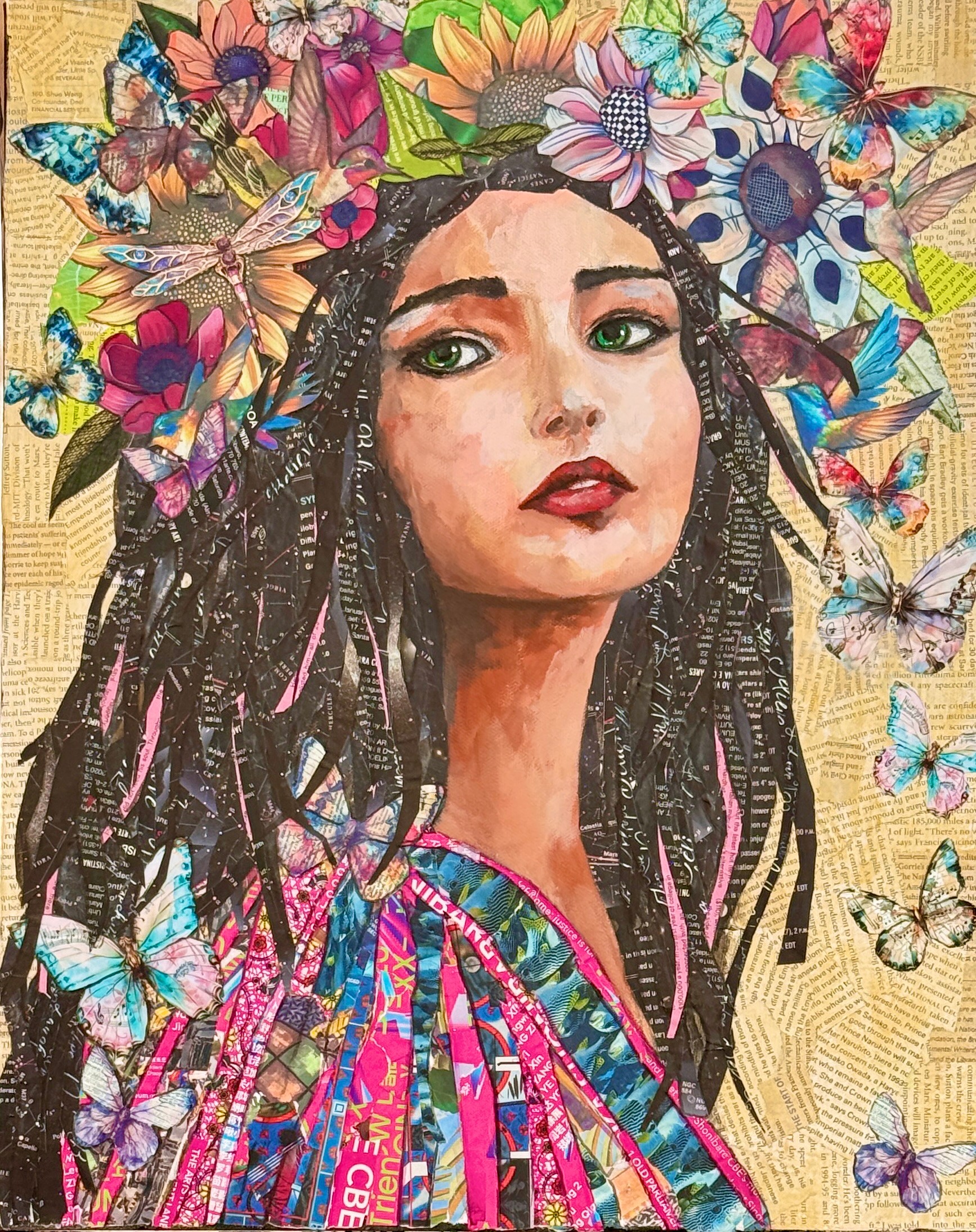 Portrait of a woman with dark braided hair, surrounded by colorful butterflies and flowers, wearing a patterned garment.