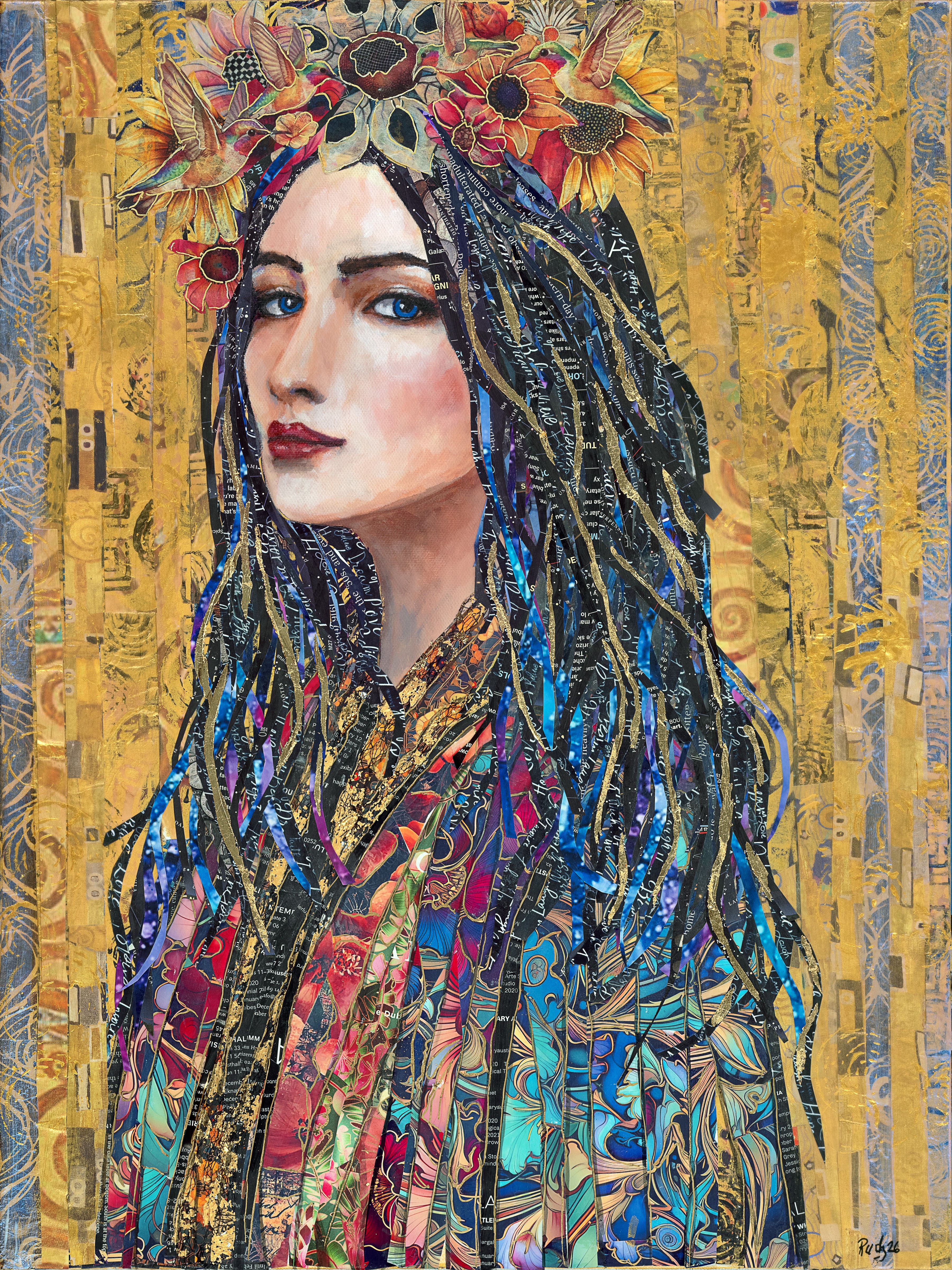 Portrait of a woman with long, colorful braided hair, wearing a vibrant patterned garment and a floral headpiece, against a gold background.