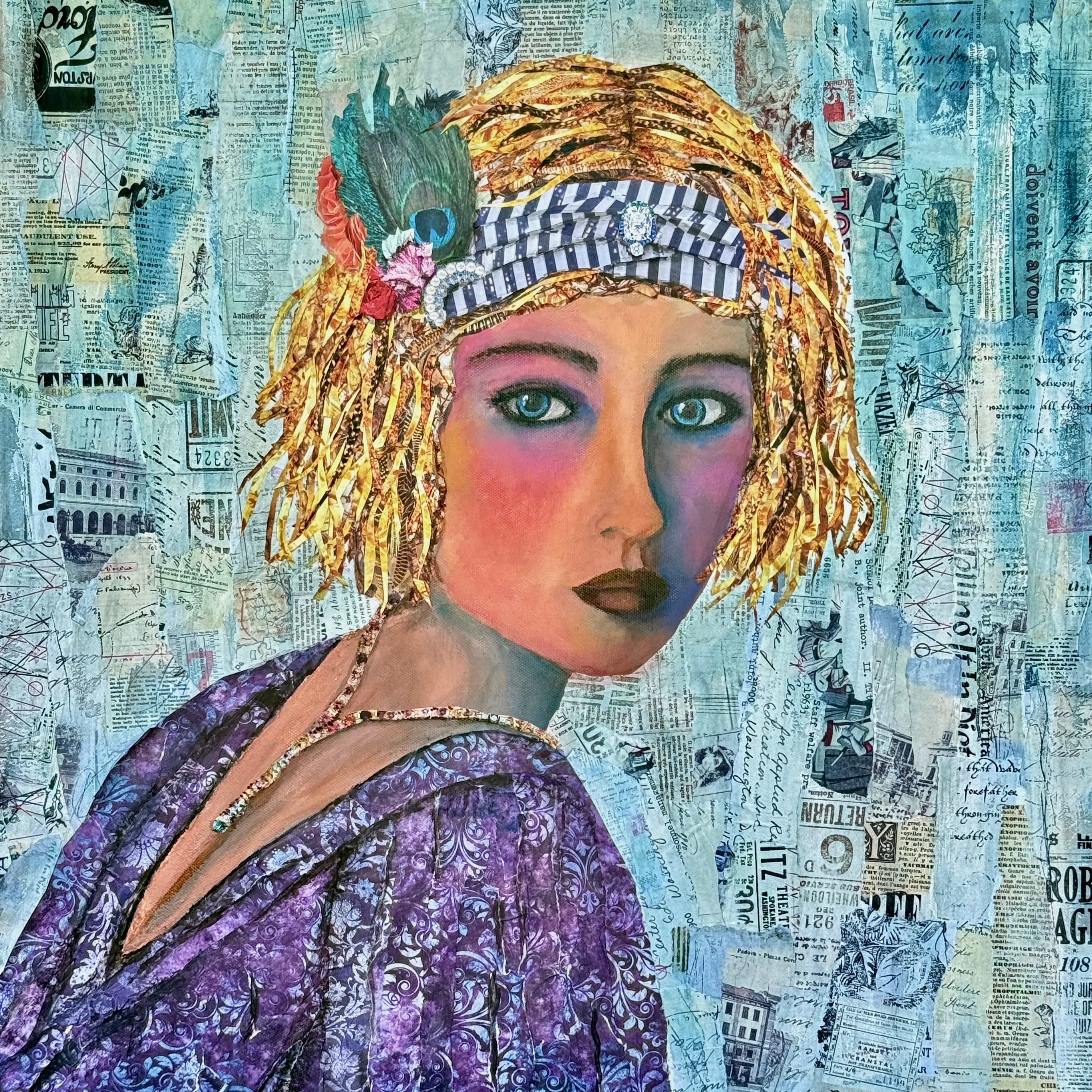 Portrait of a woman with blonde curly hair, wearing a headband with feathers, against a collage background.