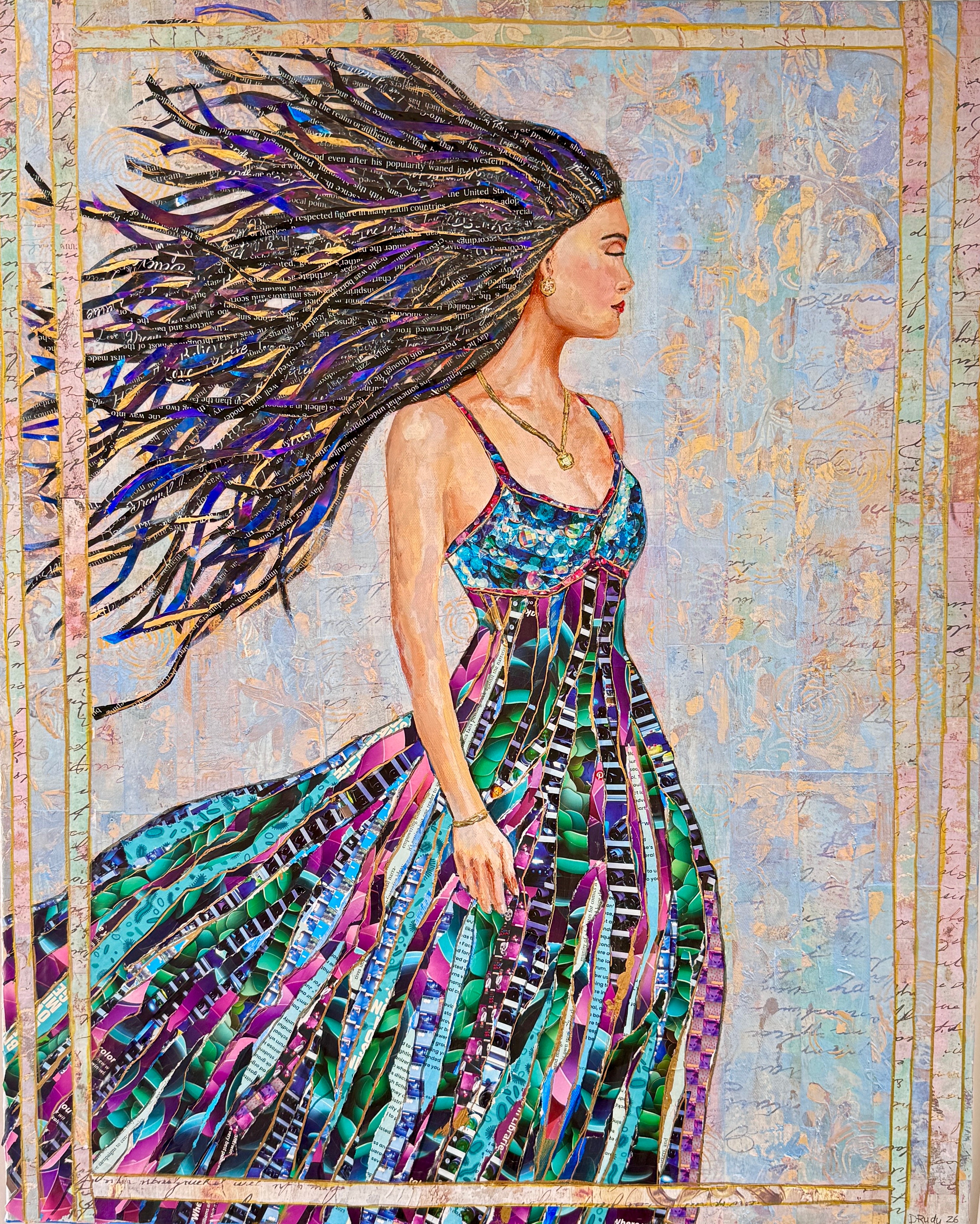 A woman with long, flowing hair stands in a colorful dress against a textured background.