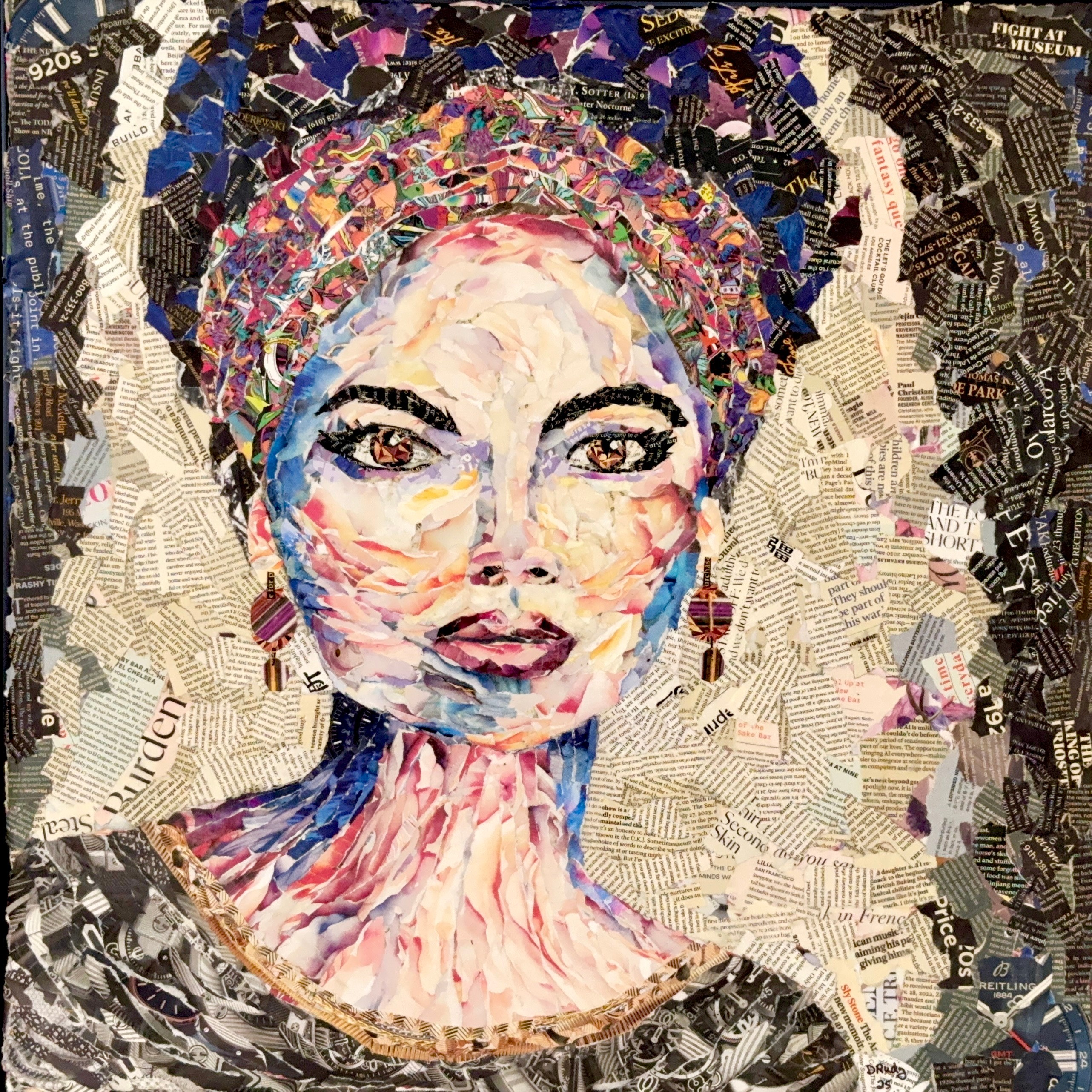 Portrait of a woman with colorful headscarf and earrings, created with collage of paper pieces, facing forward.