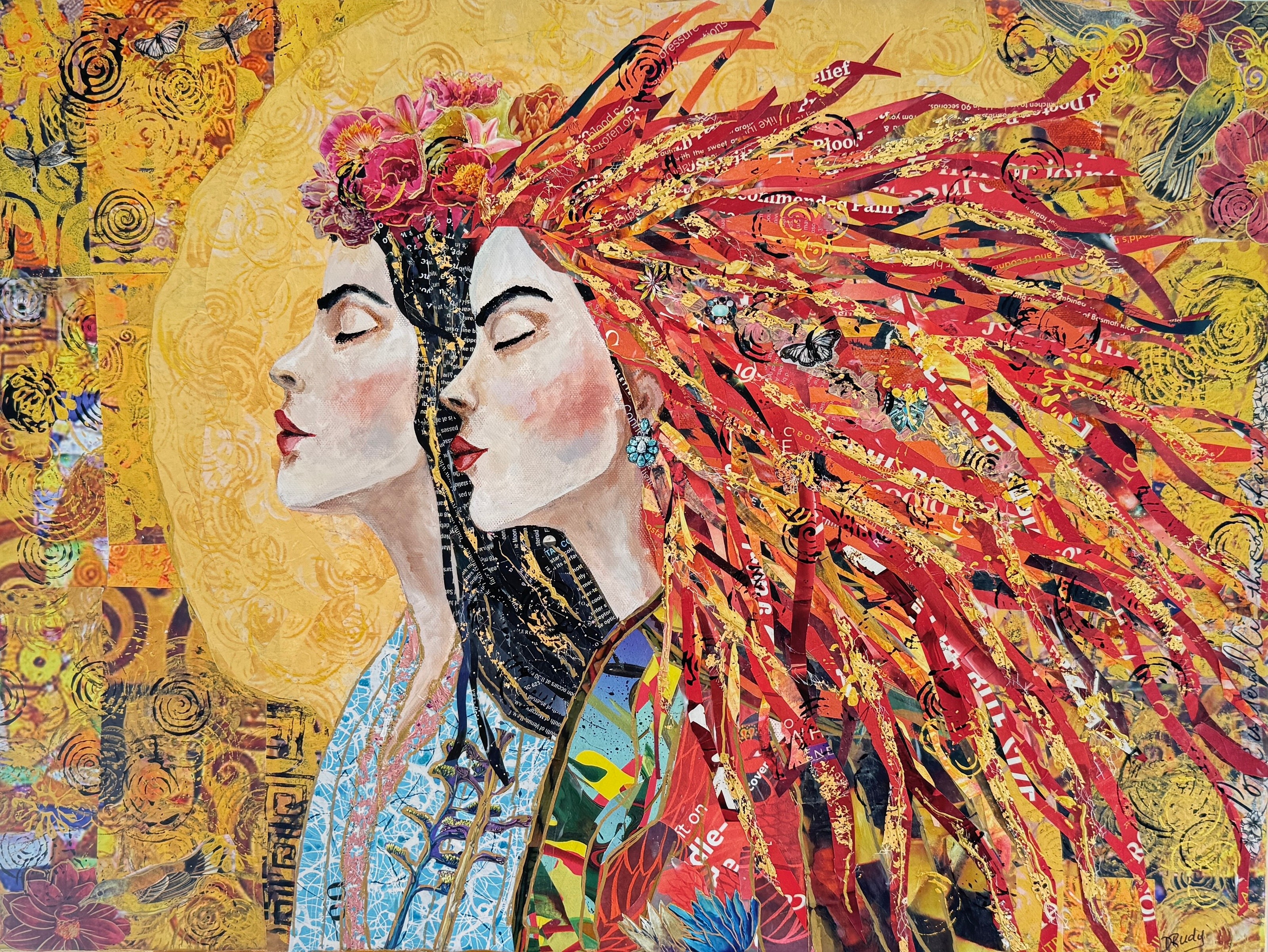 Two women with closed eyes and flowing hair, one with dark hair and the other with fiery red hair, in a colorful background.