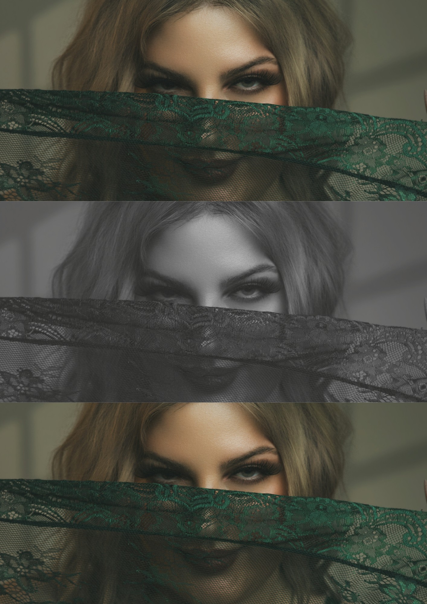 Close-up of a woman's eyes with makeup, partially obscured by a green lace fabric, in three color-filtered versions.