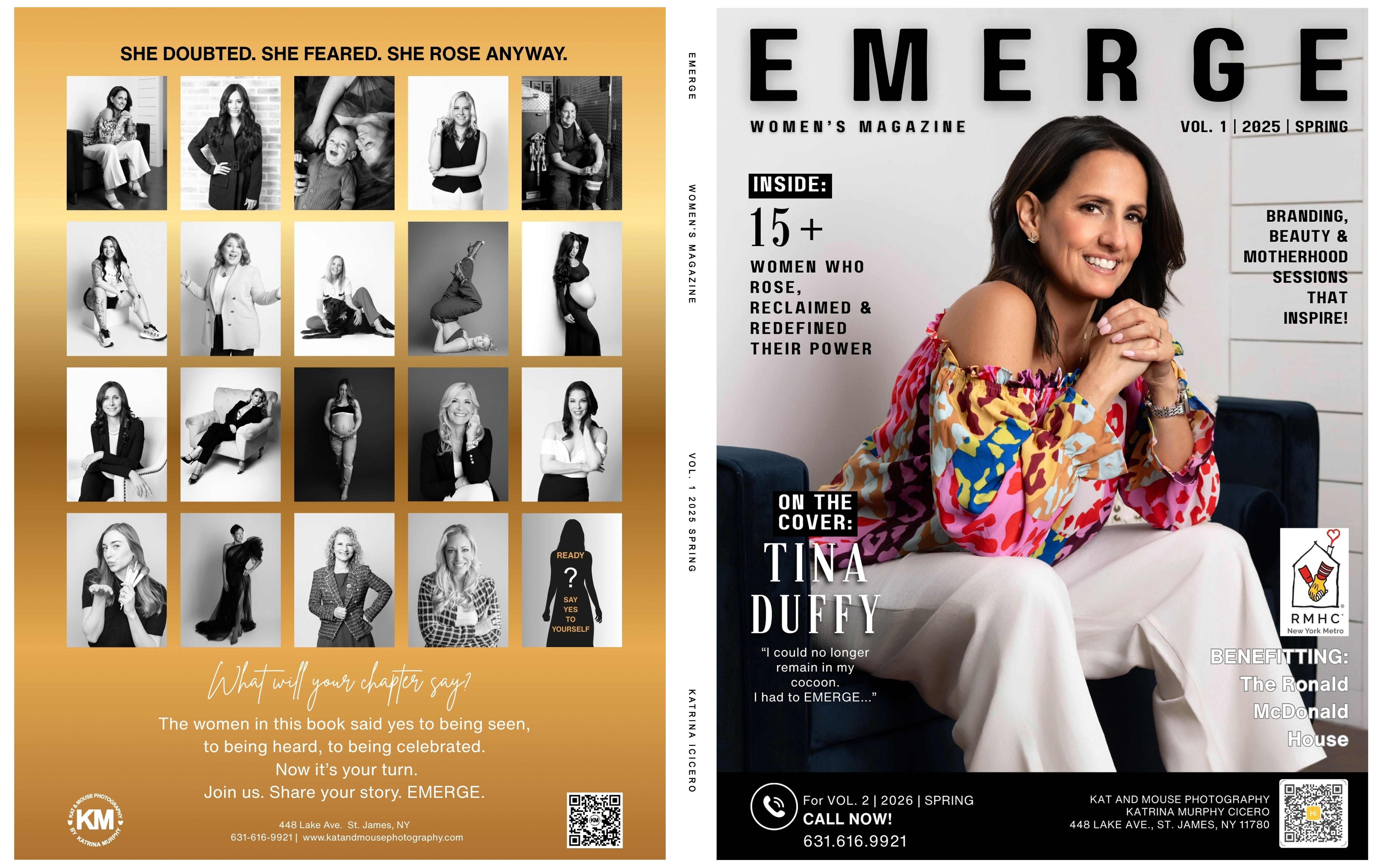 Two magazine covers, one with black-and-white photos of women and the other with a smiling woman in colorful clothing, sitting and smiling.