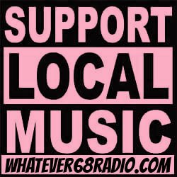 Support local music with bold pink and black text, and a website URL at the bottom. Word count: 16.